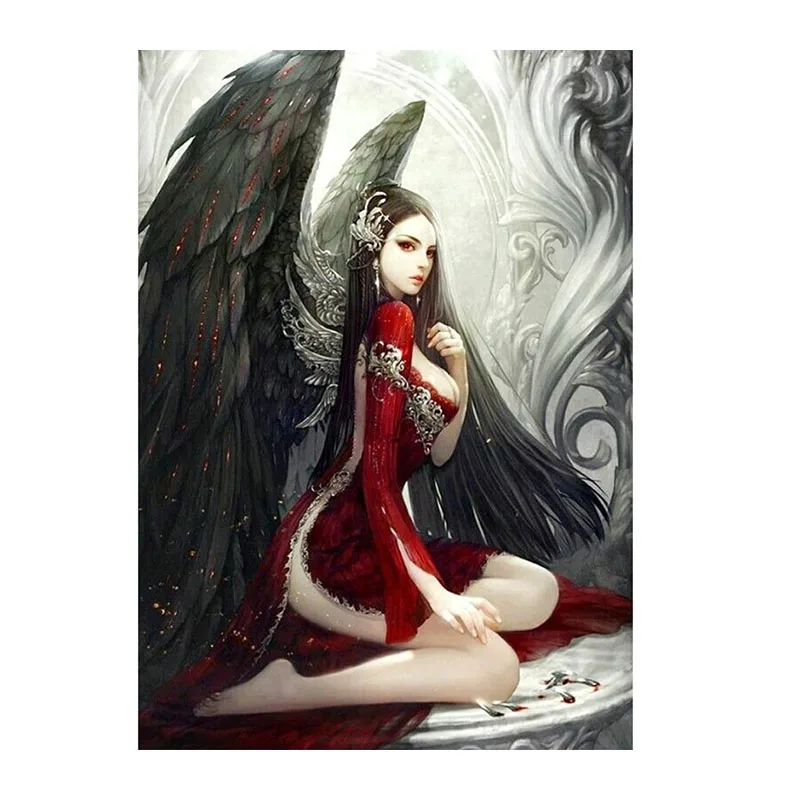 

Little Painter DIY 5D Diamond Painting Full Circle Diamond Set Rhinestone Kit Home Wall Decoration 12x16 In Girl With Black Wing