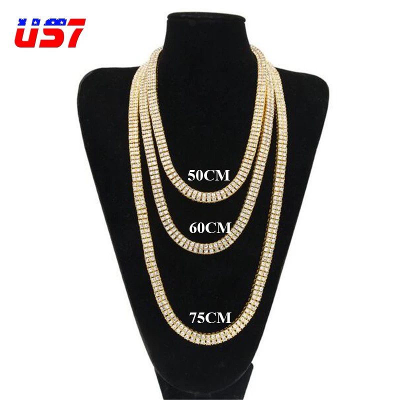 

US7 2 Row CZ Iced Out Rhinestone Bling Tennis Chain Necklace Micro Pave Cubic Zircon Stainless Steel Chain Hip Hop Jewelry