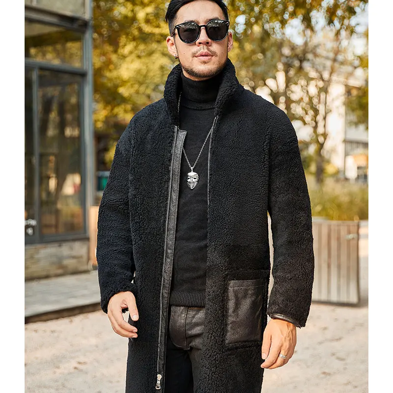 

Shearling Long Trench Coat Double-Sided Fur Mens Genuine Leather Imported Over The Knee Autumn and Winter Warm