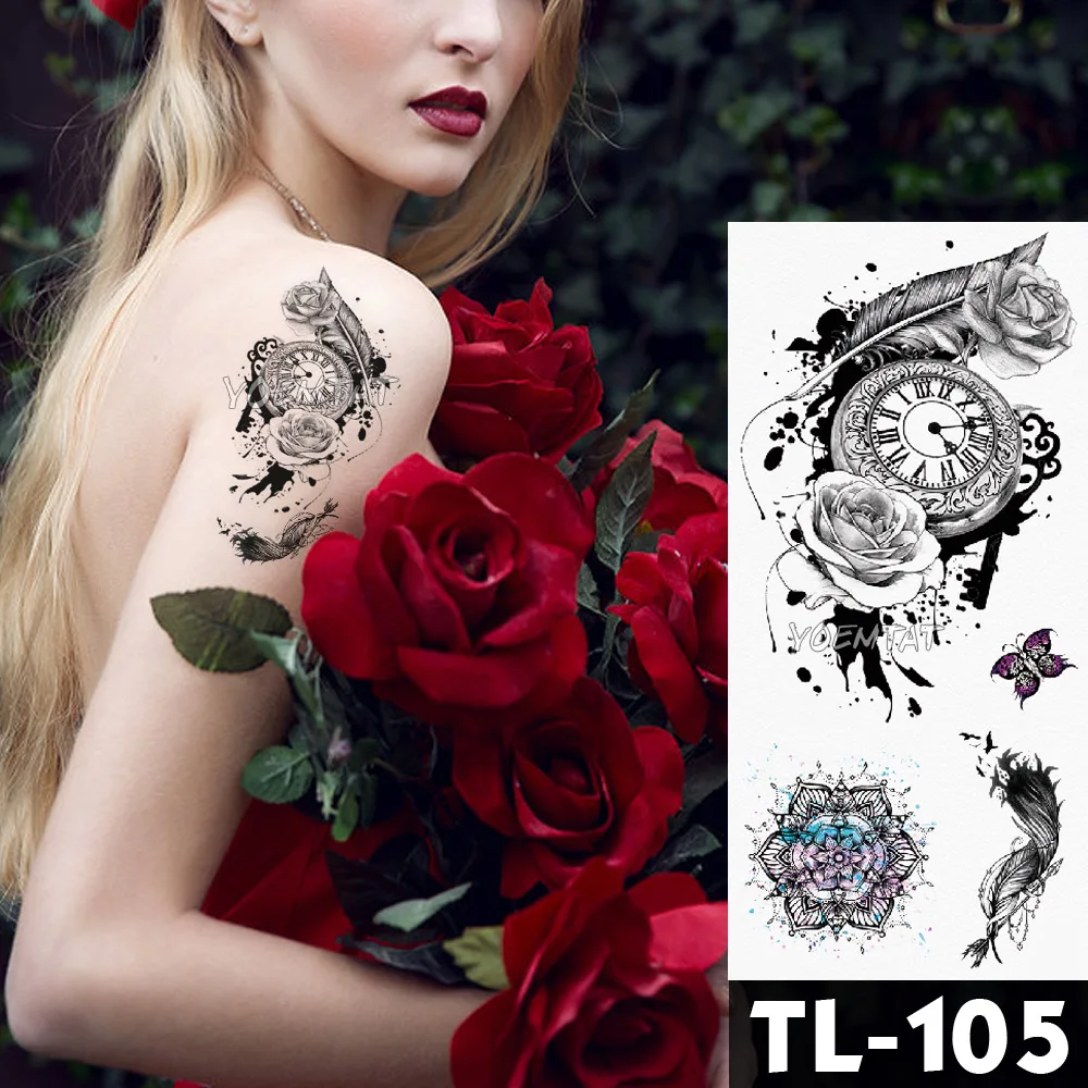 

Water Transfer Clock Feather Rose Flower Temporary Tattoo Sticker Henna Pattern Body Art Waterproof Fake Flash Tattoo For Women