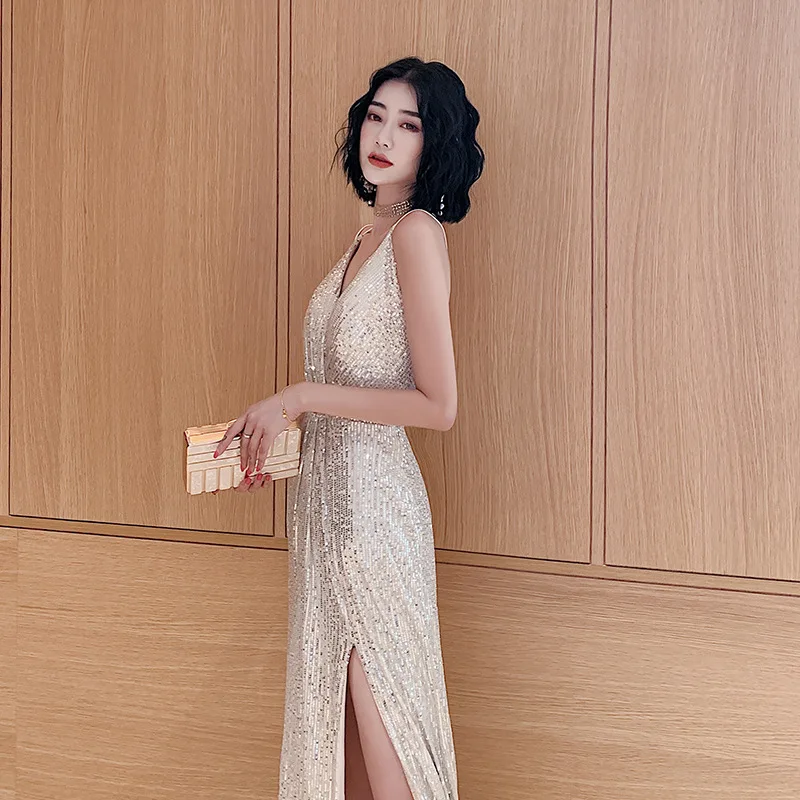 

Women Elegant Sequins Spaghetti Strap Dresses Sexy V-Neck Front Split Evening Party Dress Champagne Exquisite Banquet Gown
