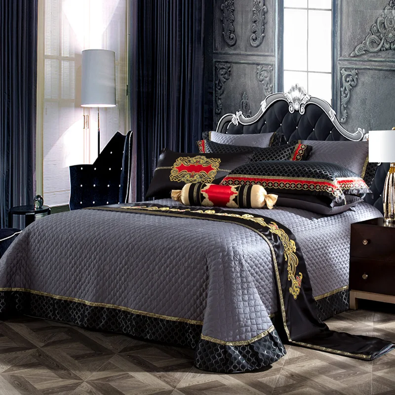 Blue Black Silk Satin Luxury Royal Bedding set Queen King size Bed Bed/Flat sheet spread Pillowcase Duvet cover | Дом и сад