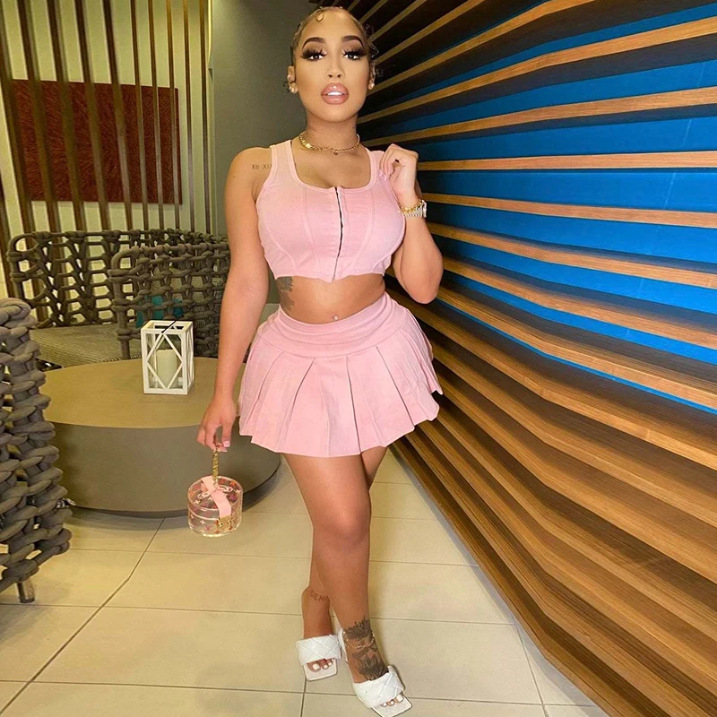 

Solid Sleeveless Zip Up Tank Crop Tops and Pleated Mini Skirts Two 2 Piece Sets Sweet School Girl Sporty Tracksuit Summer Outfit