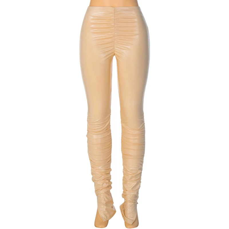 

2020 Pu Leather High Waist Stacked Pants Autumn Winter Women Fashion Streetwear Outfits Club Trousers