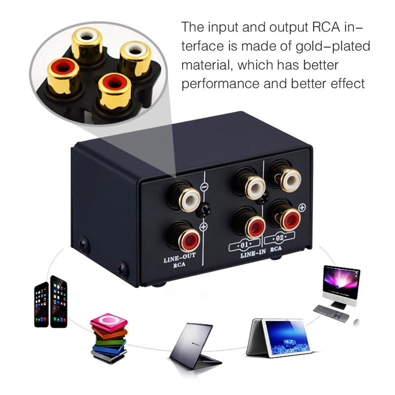 

2 in 1 Out or 1 in 2 Out o Source Signal Selector, Switcher, Speaker, o Source, Switcher, RCA Interface, Lossess