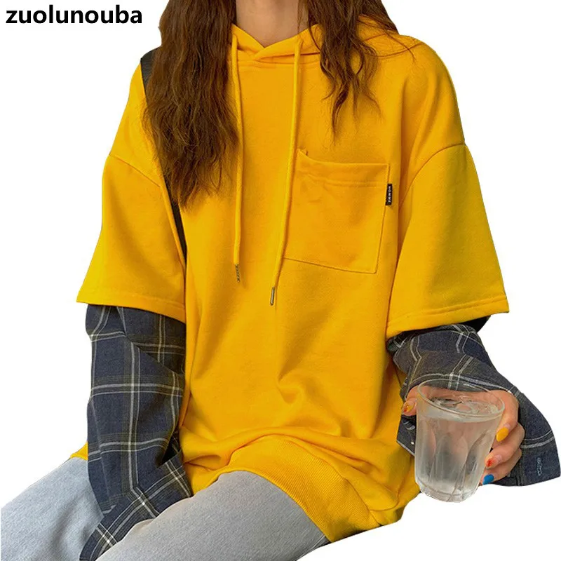

2020 Autumn New Loose Casual Female Pullover Fashion Plaid Stitching Fake Two-piece Commuter Solid Color Mid-length Women Hoodie