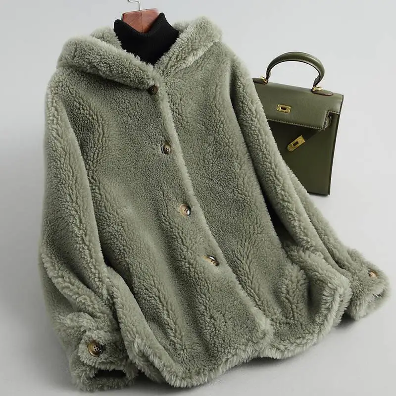light green Женское зимнее пальто с натуральным мехом, с капюшоном, из плюша, Овечья стрижка, женская утепленная, теплая, из натурального меха ягненка, шерстяное пальто, K323 - Цвет: light green