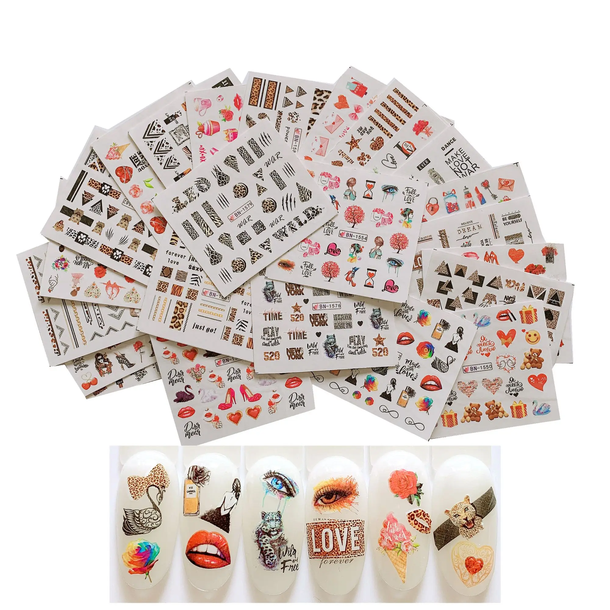 24 листа водных переводных наклеек для дизайна ногтей с леопардовым принтом губ
