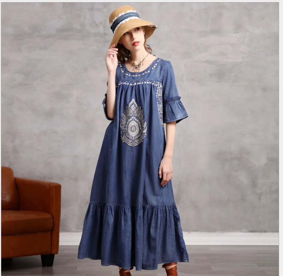 

Women's 2021 Spring Summer New Plus Size Denim Long Skirt Retro Heavy Embroidery Lotus Leaf Mid-sleeve Loose Dress Lady Dresses