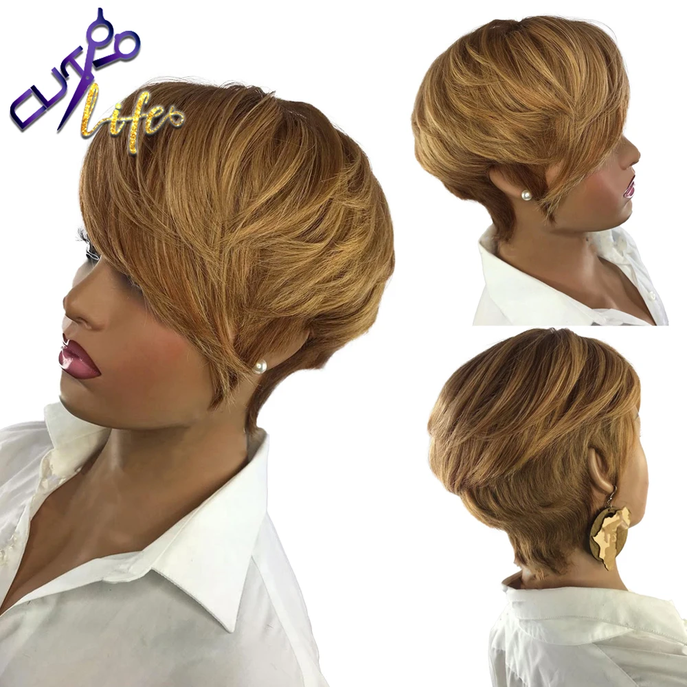 

Honey Blonde Color Short Wavy Bob Pixie Cut Full Machine Made Non Lace Human Hair Wigs For Black Woman Remy Brazilian Hair