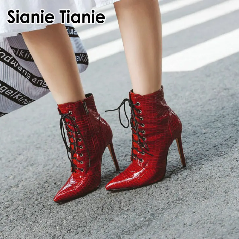 

Sianie Tianie patent PU leather fashion woman shoes super thin high heels ankle boots for women red white lace up martin boots