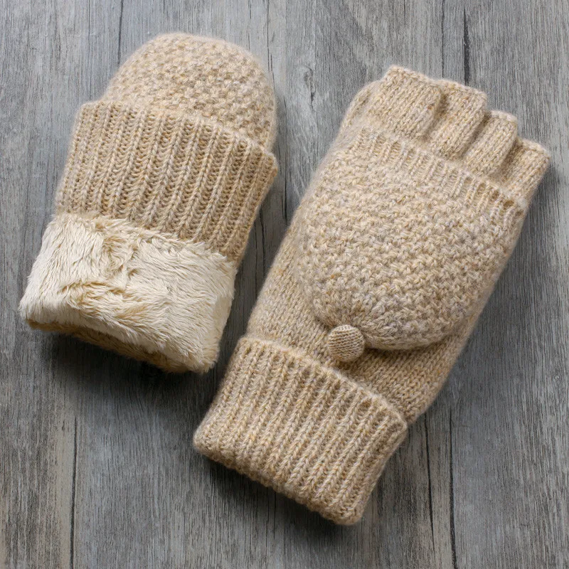 

Women Fingerless Gloves Winter Driving Knitted Wool Plus Velvet thickening Warm Mittens NEW Female Flip Half Finger Gloves