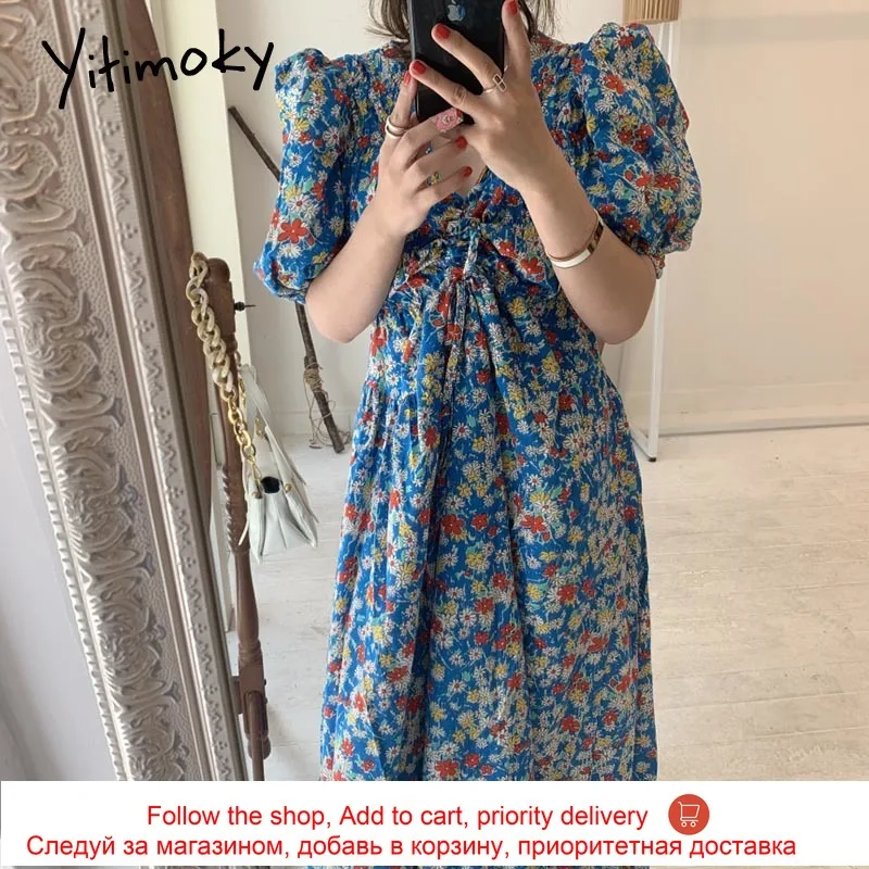 

Yitimoky Vintage Woman Dress Lace Up Draw String Ruched Summer High Waist V-Neck Puff Sleeve Floral Printing Elegant Dresses