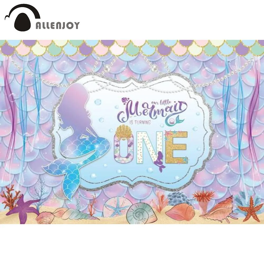 

Allenjoy Mermaid One Year 1st Birthday Party Girl Baby Shower Background Fish Scales Under the Sea Marine Life Shells Backdrop
