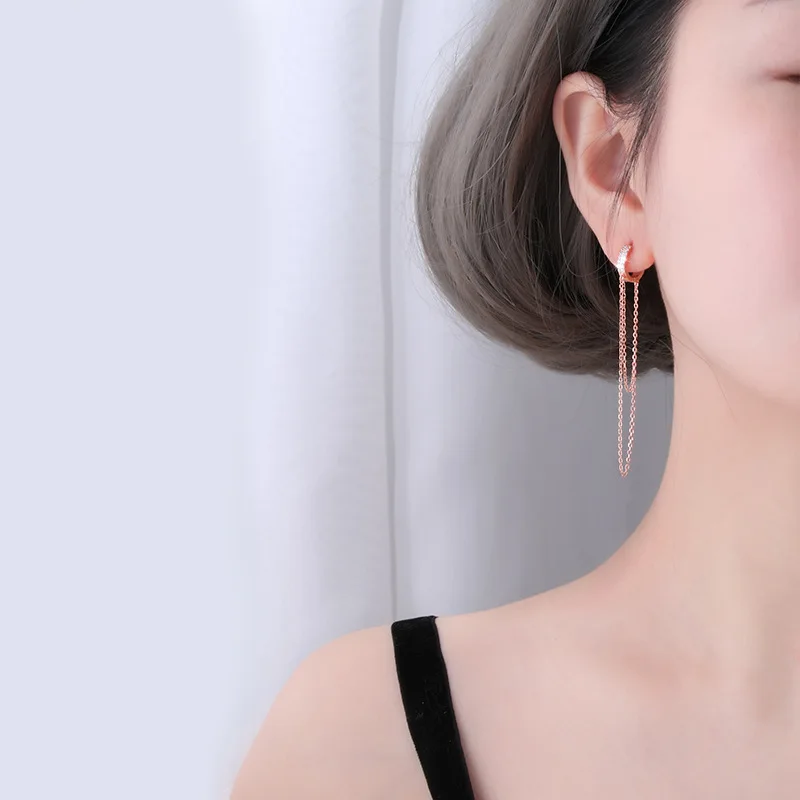 925 sterling silver earring Fashion zircon Long Tassel Chain Earring temperament exaggeration women girl ear jewelry | Украшения и