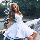 Милое синее атласное Мини платье для выпускного вечера 2021 сексуальное короткое вечернее платье с V-образным вырезом и аппликацией вечернее платье-трапеция выше колена