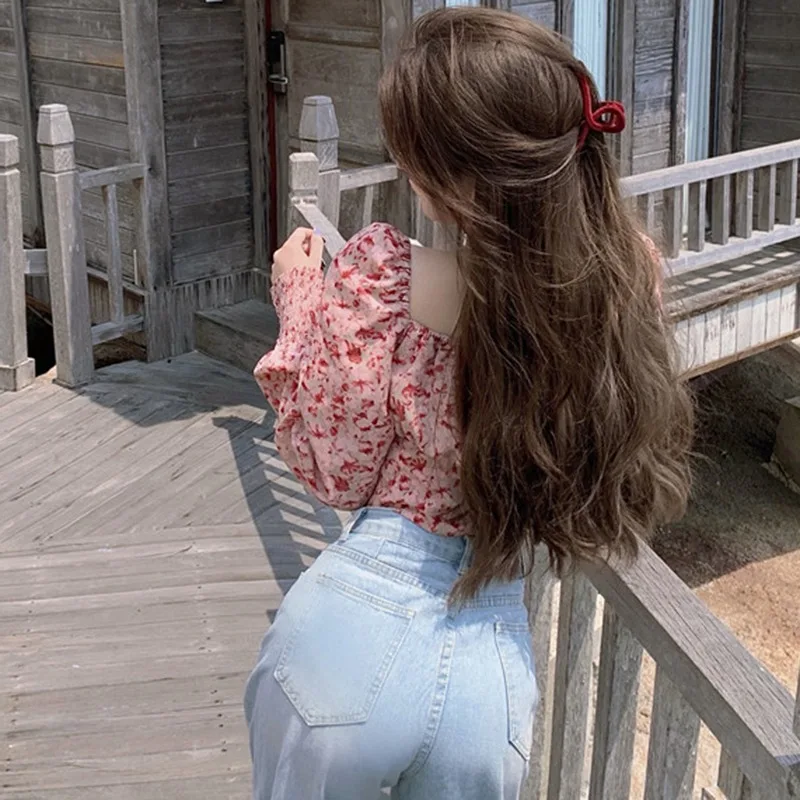 

Women's Floral Print Square Collar Blouse Sexy Exposed Navel Female Crop Top Ladies Shirt Long Sleeves Chiffon Shirt Tops New