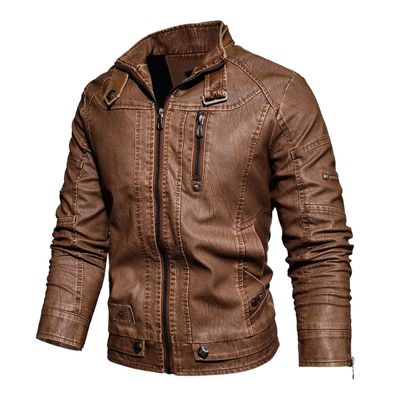

Outerwear Fashion Winter Leather Jacket Men Stand Collar Motorcycle Washed Retro Fleece Faux Leather Jacket Mens PU Coats Biker