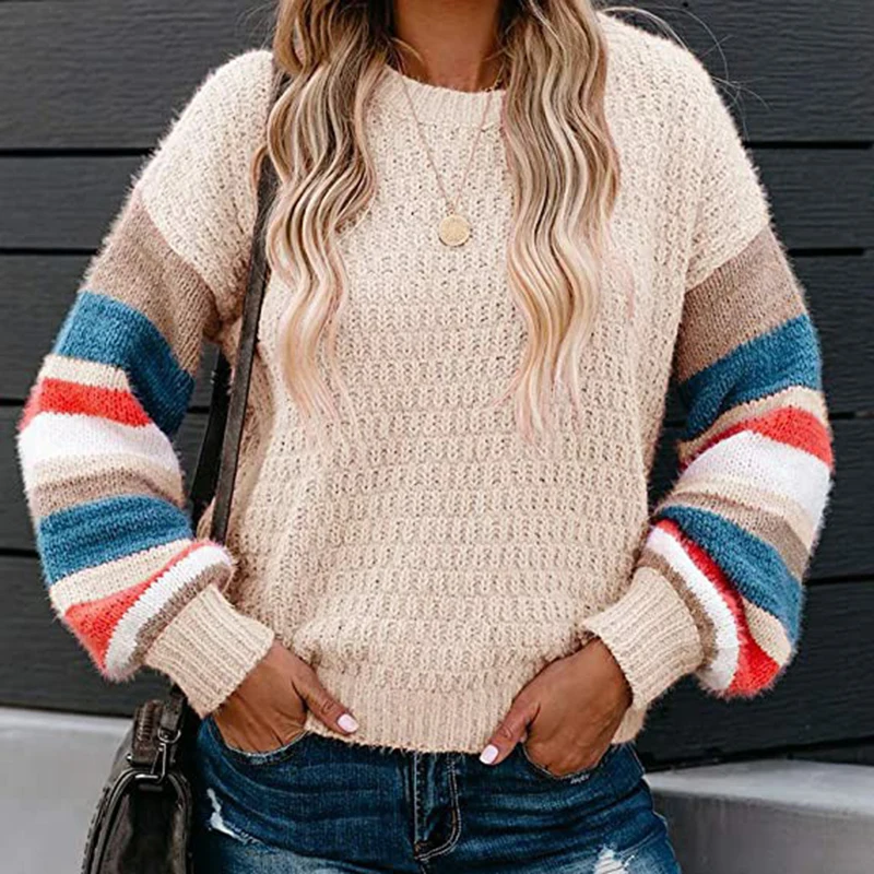 Вязаный свитер с длинным рукавом для женщин в полоску кофта вырезом пуловеры 2020