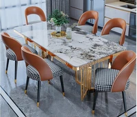 marble dining table and chair combination rectangular slab family high end gold plated dining table