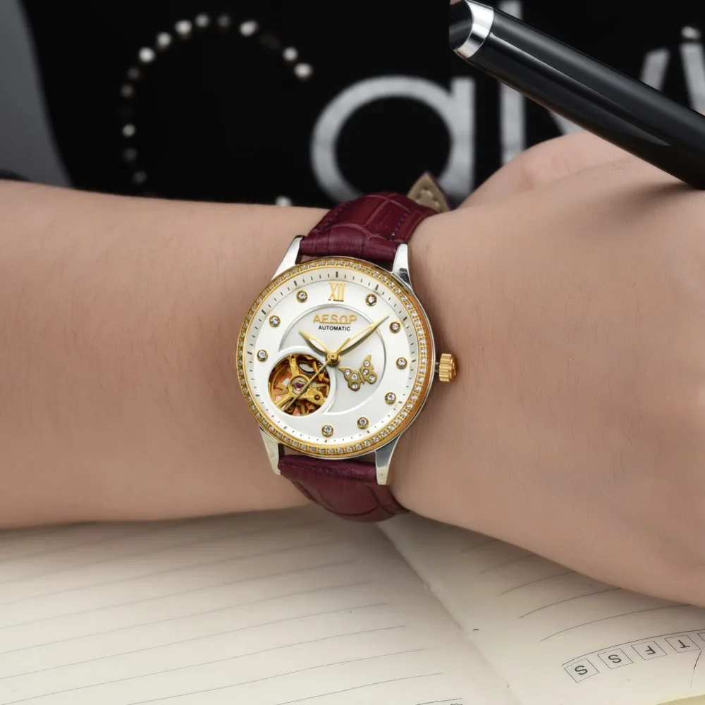 AESOP часы женские роскошные механические кожаный ремешок со стразами скелетом