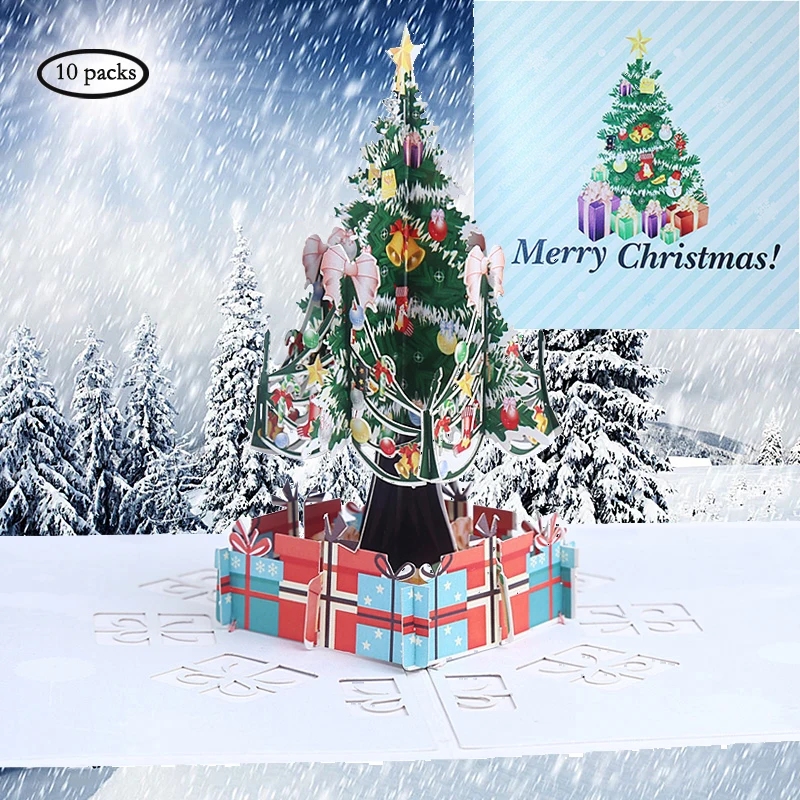 

10 Pack 3D Christmas Tree Pop-up Card Wishes Thanksgiving Gifts New Year Happy Holiday Greeting Card Christmas Postcard