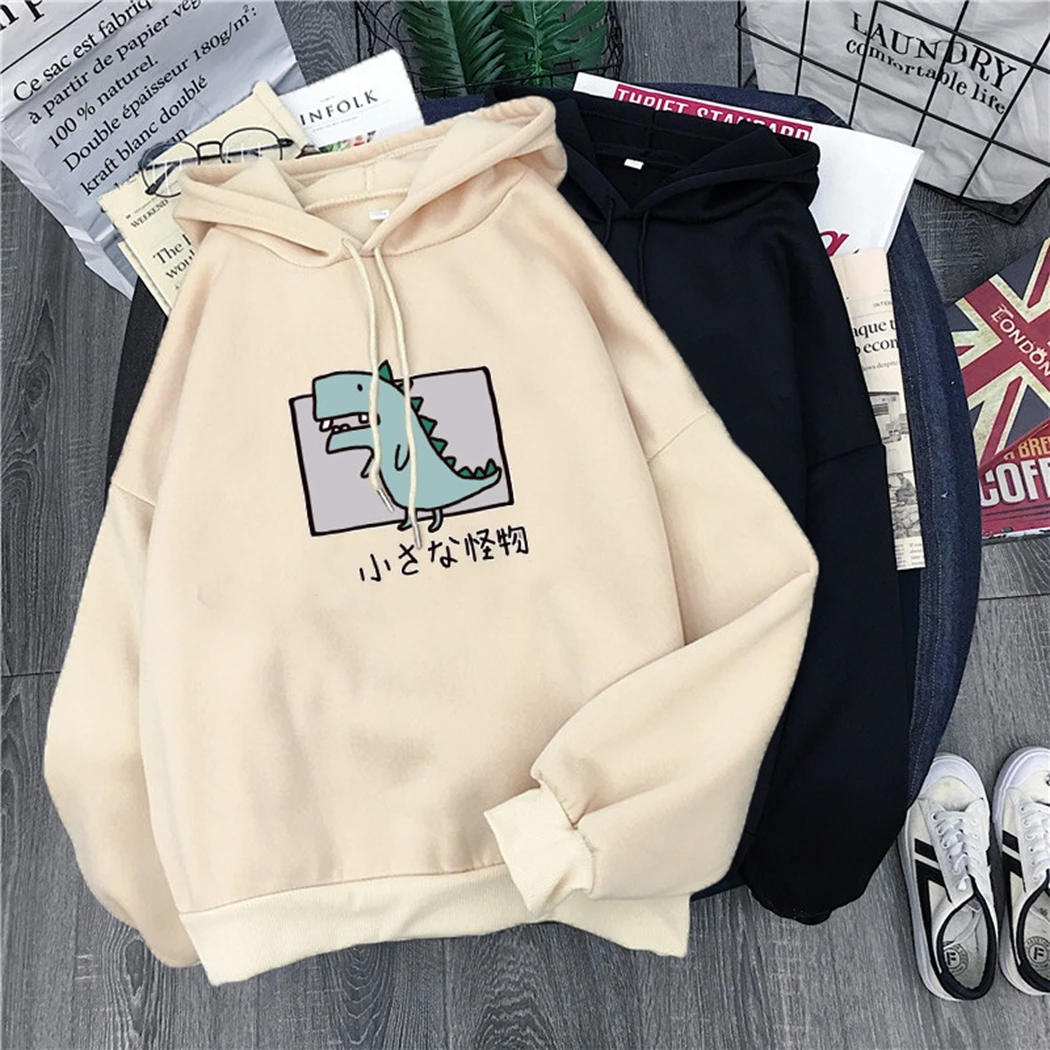 Harajuku женские флисовые толстовки с капюшоном принтом динозавра из мультфильма
