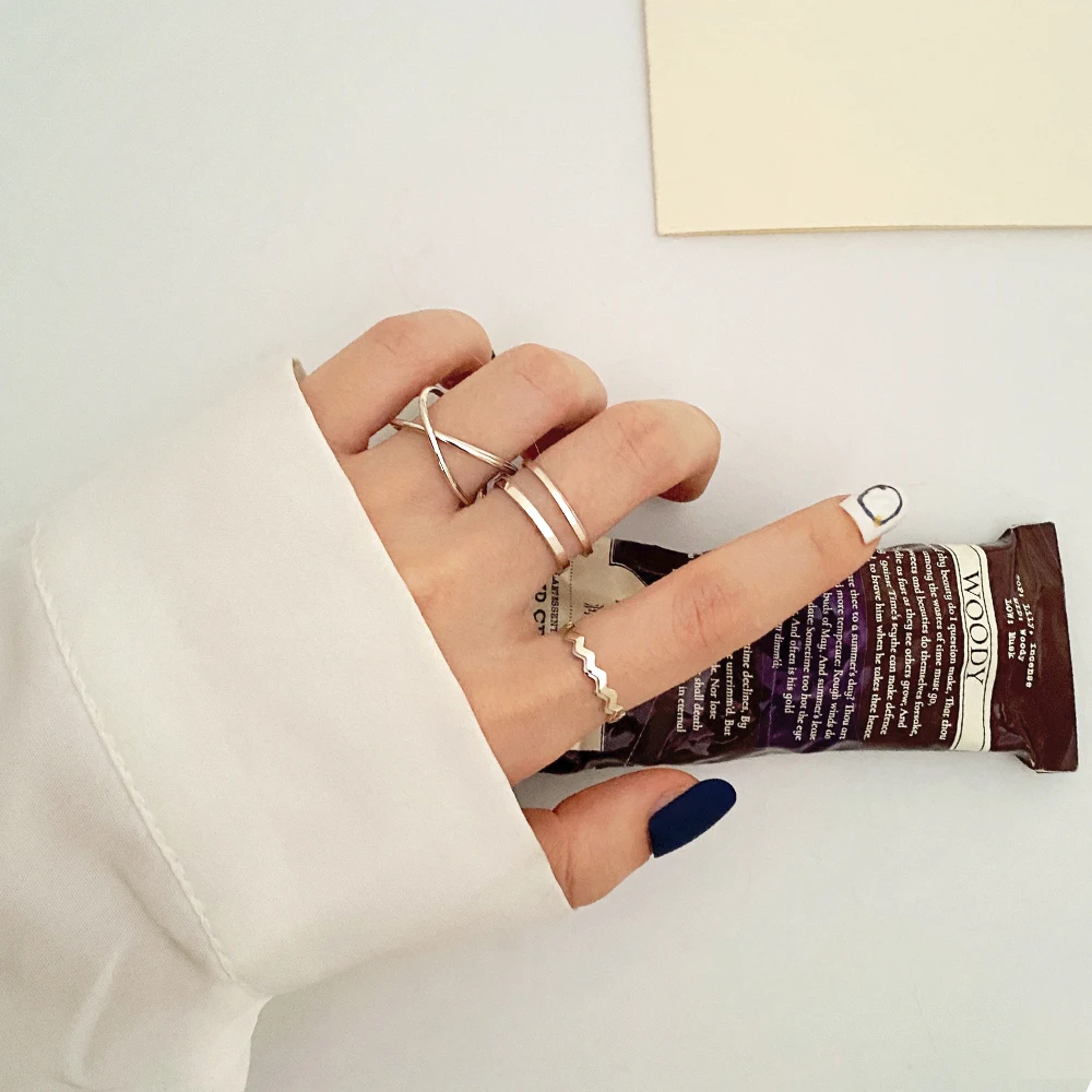 

IFME Fashion Simple Gold Silver Color Metal Rings Set For Women Girls Korean Thick Chain Finger Rings Trendy Jewelry Gifts