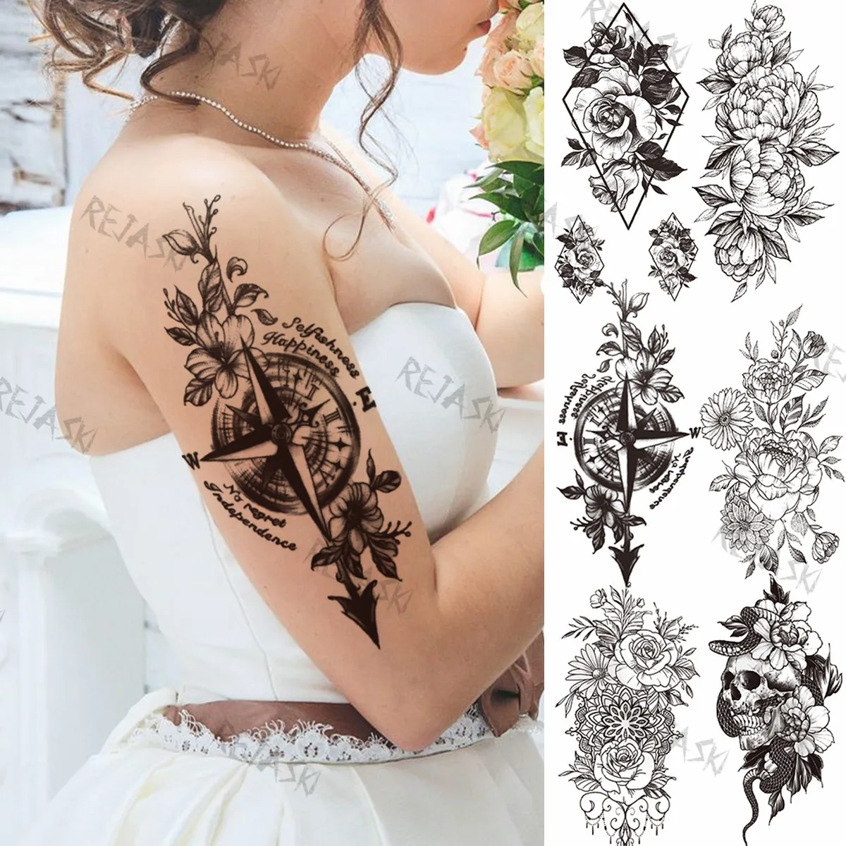 Временные татуировки с черным компасом для женщин и девочек геометрические