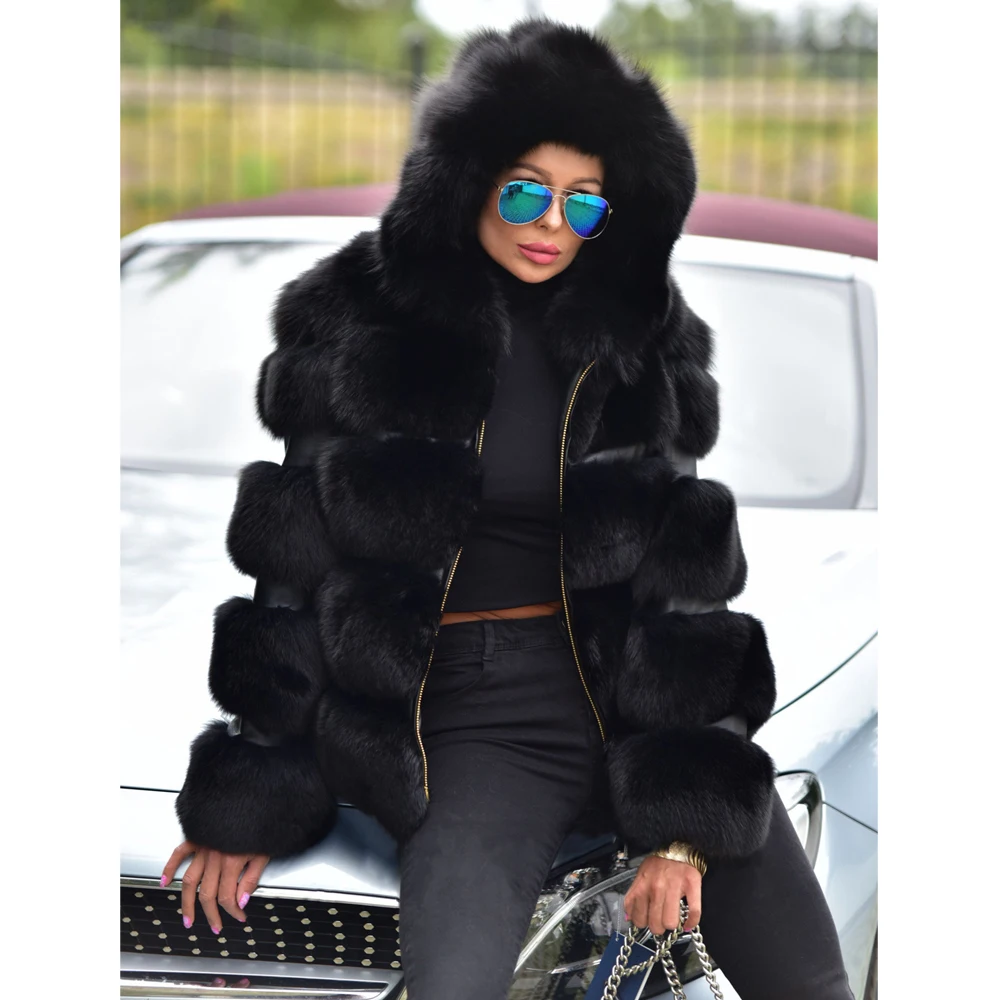 Natural Fox Fur Jacket with Hood 2022 New Women Black Fur Overcoat Female Genuine Leather Real Fox Fur Jacket Winter Fashion enlarge