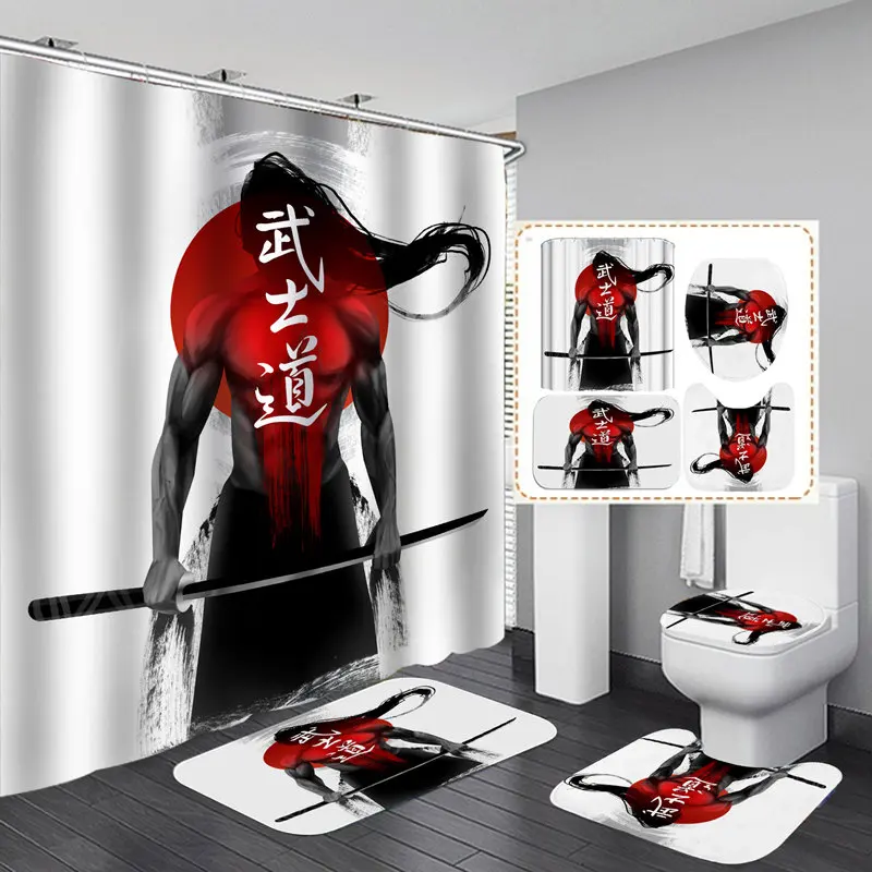

Anime Bushido Flannel Bath Mat Toilet Cover Rugs Fabric Shower Curtain With 12 Hooks Home Bathroom Decor Set