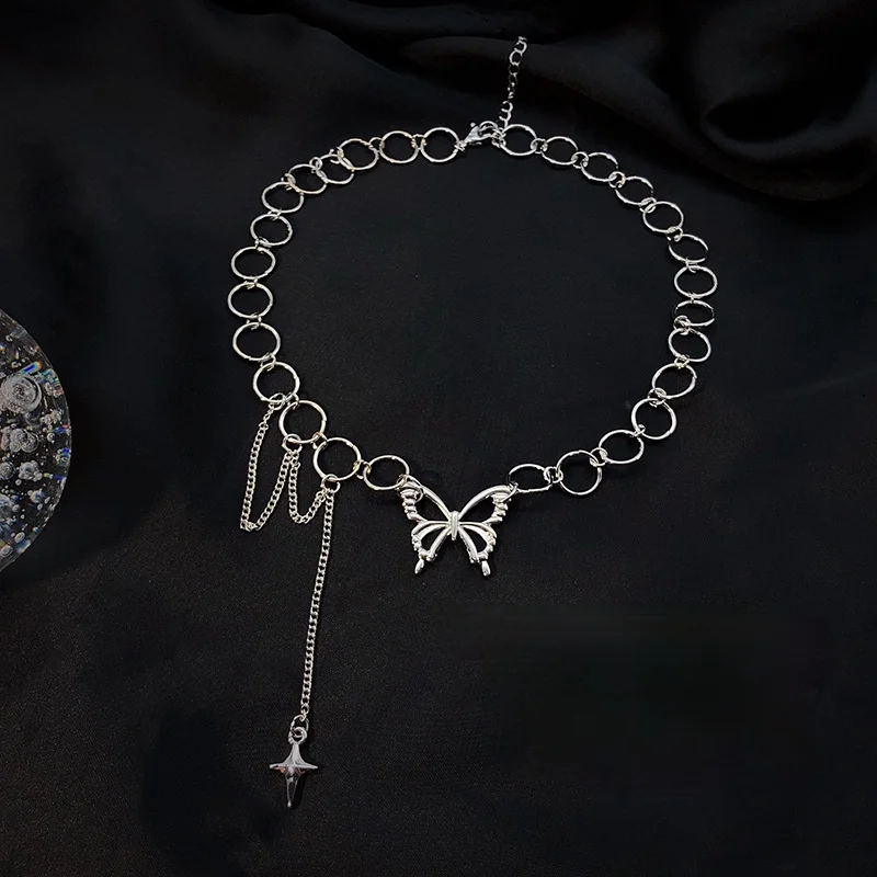 Корейское ожерелье в стиле панк с бабочкой, модные украшения для женщин, серебряное покрытие, хип-хоп звено цепи, вечеринка, ювелирные изделия.