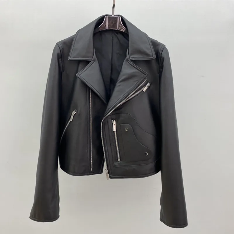 Women Genuine Leather Coat 2022 New Fashion Winter Lady Real Sheepskin Jackets Zipper Slim short Motorcycle jacket