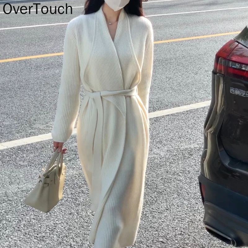 

Overtouch Stylish Chic Oversized Ladies Open Stitch Sweaters Long Sleeve Lace-up Long Women Knitted Cardigans 2021 Autumn Winter