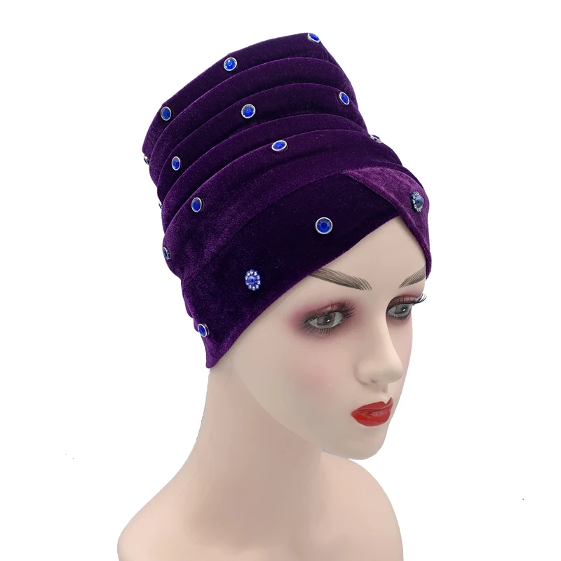 african gowns Diamonds African Aso Oke Headtie Women Velvet Turban Bonnet Muslim Head Wraps Islamic Turban Femme Musulman Headscarf Hat african culture clothing