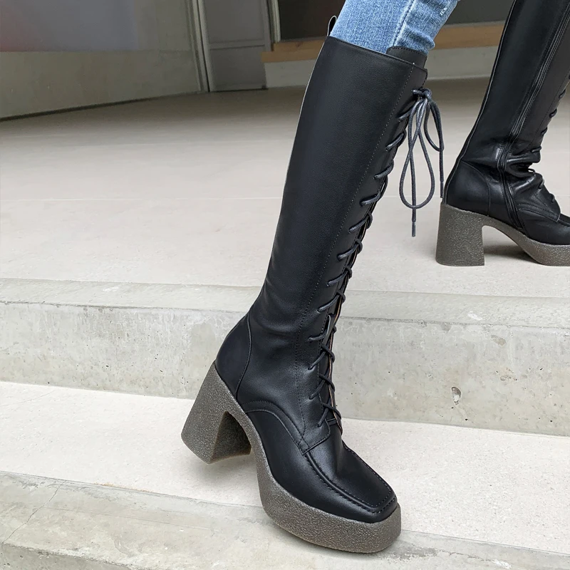 

Super High Heels Knight Boots Women's Shoes 2021 Winter Lace-up Platform Martin Boots Square Toe Knee High Boots Warm Boot Botas