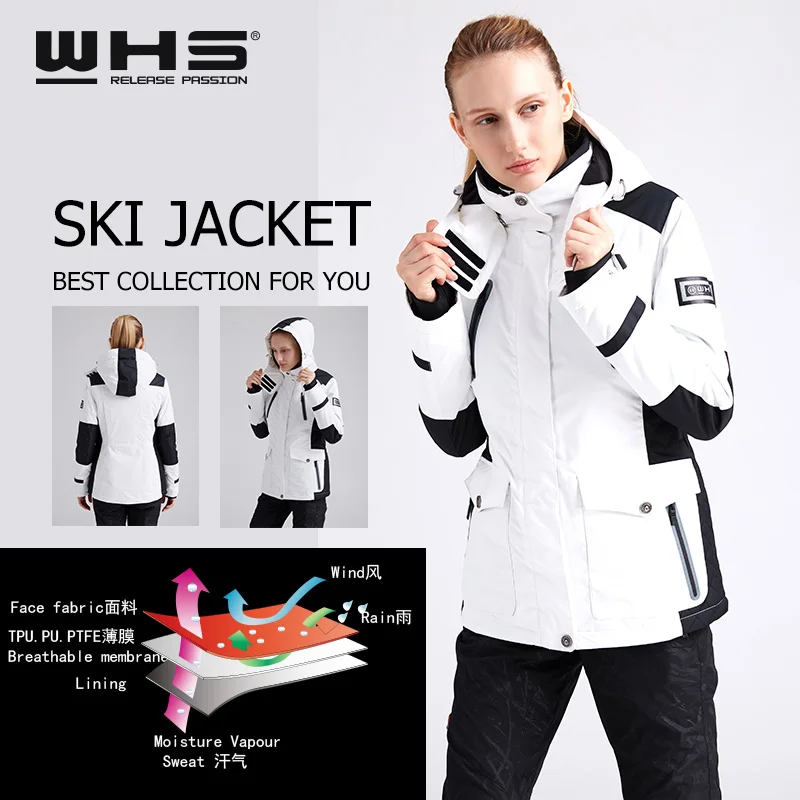 WHS новая пара зимняя Лыжная куртка уличная Снежная хлопковая спортивная женская теплая уличная куртка водонепроницаемая и ветрозащитная белая куртка
