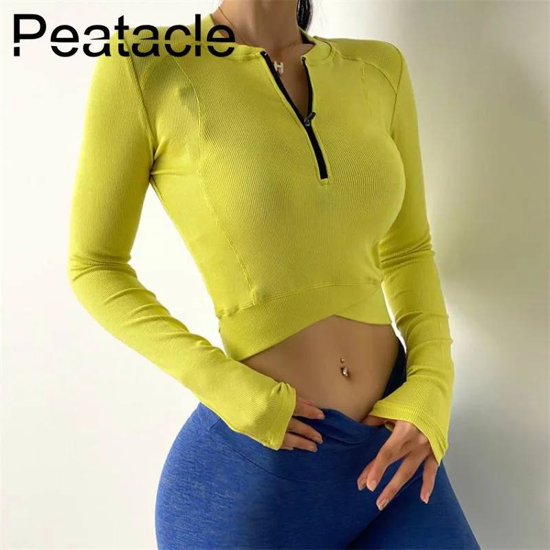

Peatacle Half Zipper Sports Top Women's Long Sleeve Tight-fitting Navel Quick Dry T-shirt Running Training Yoga Fitness Clothes