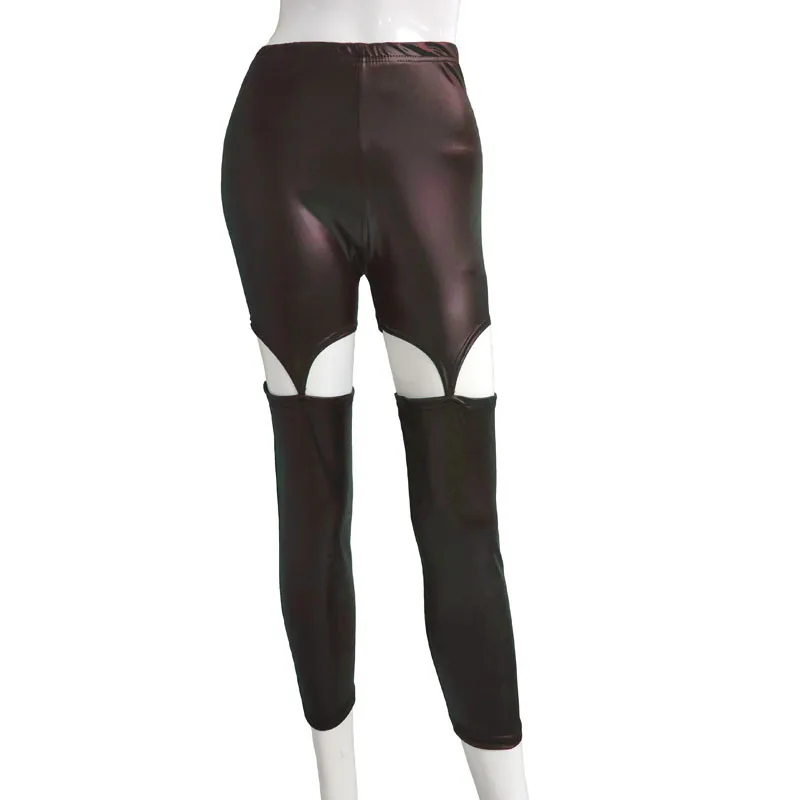 Женские леггинсы из ПУ кожи черные однотонные в готическом стиле с прострочкой