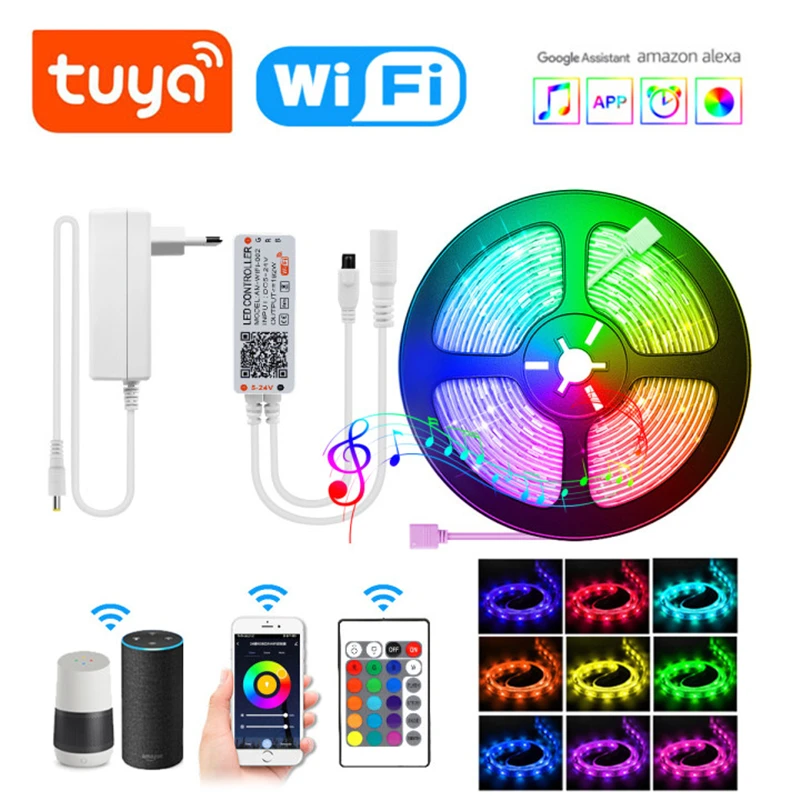 Tuya Smart Wifi Светодиодная лента 5 м 10 15 м/рулон 5050 RGB затемненные LED полосы работа с Alexa