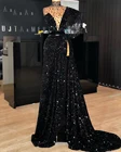 Женское вечернее платье с блестками, черное платье с высоким воротом и Боковым Разрезом