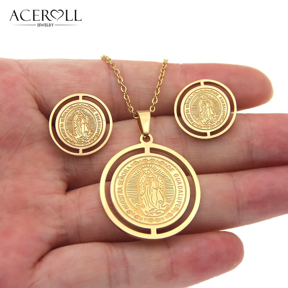 Сережки и подвески из стали ACEROLL ожерелье с круглой медалью Девы Марии леди