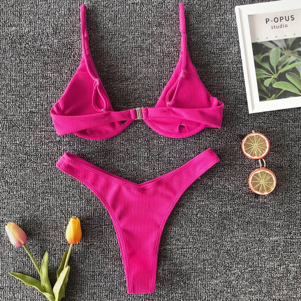 

Sexy Swimwear 2021 Bikinis Swimming Suit For Women Solid Swimsuit Push-up Bikini Set V-neck High Leg Cut Two Piece BeachWear