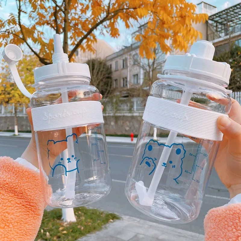 

Cute Water Bottle Kawaii bear Outdoor Camping Drinking Kettle With straps Portable Large Capacity Plastic Sports Water Bottles