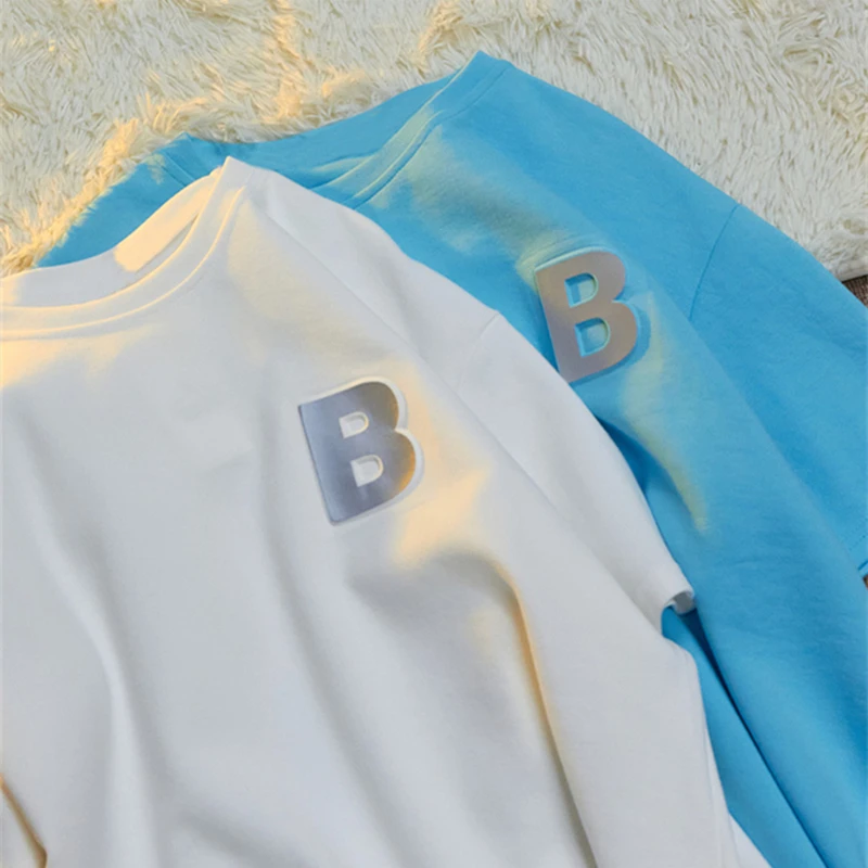 

2021 Summer T-shirts Women's Blue Tops Harajuku Tee Reflective Letter B applique Korean Girls O-neck Short Sleeve Loose Tshirt