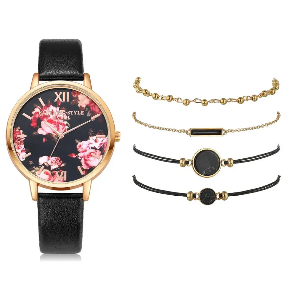 

5pcs Set Fashion Leather Strap Women Watch Casual Love Flowers Quartz Wrist Watch Women Ladies Luxury Watches relogio feminino