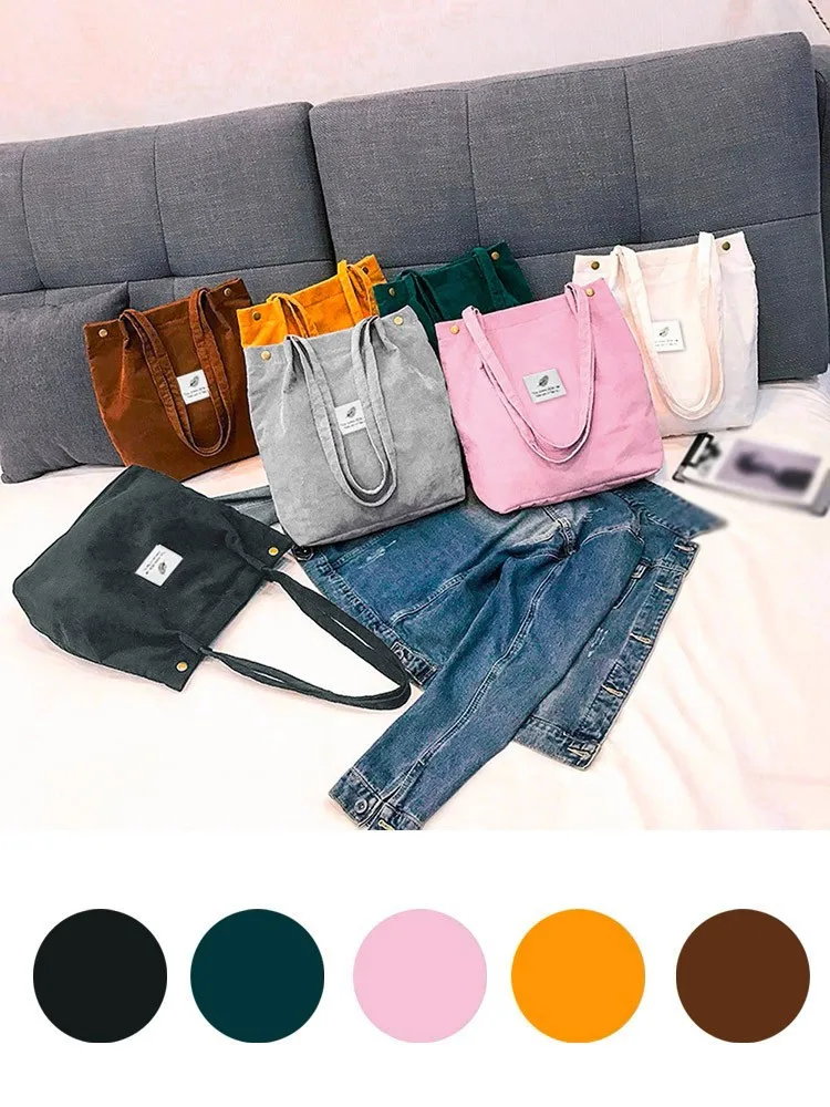 

Women Corduroy Shopping Bag Female Canvas Cloth Shoulder Bag Environmental Storage Handbag Reusable Foldable Eco Grocery Totes