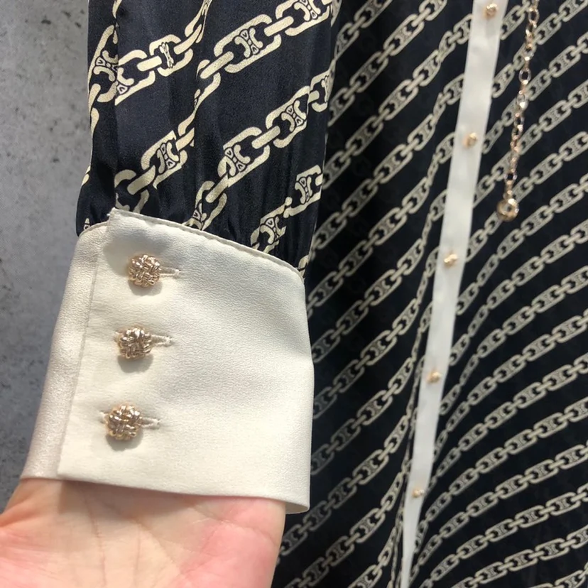 

21 New 100% Silk spring and summer long sleeve chain belt Printed Dress Medium Length shir