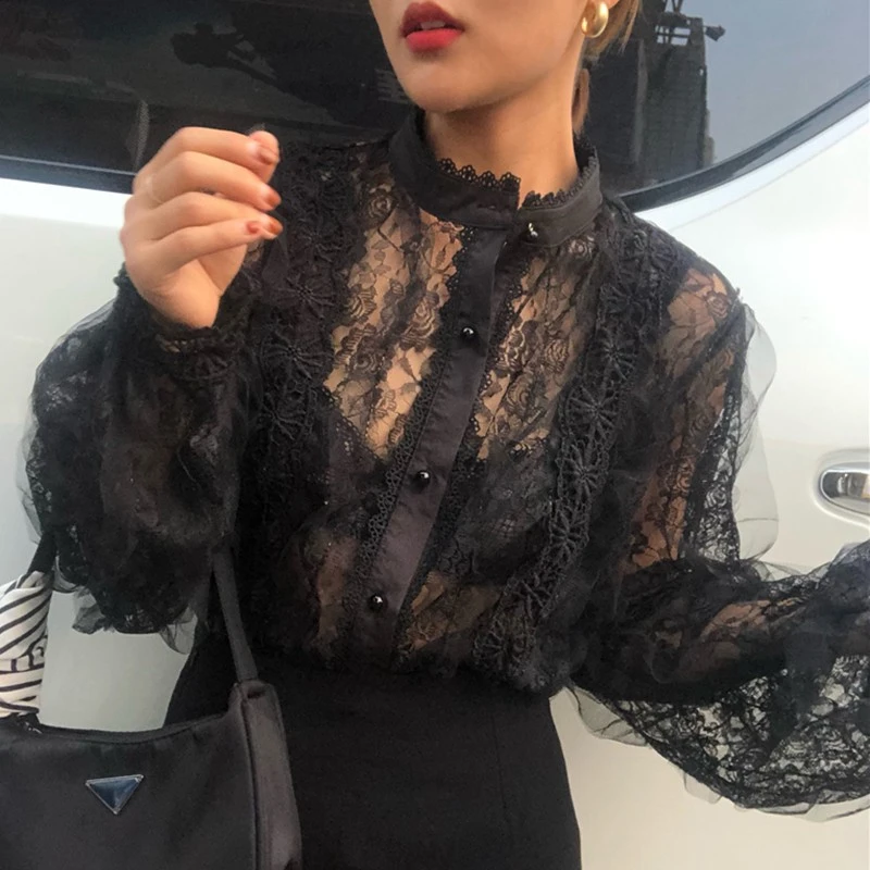 Винтаж перспектива со стоячим воротником Блузы с кружевной строчкой жемчуг