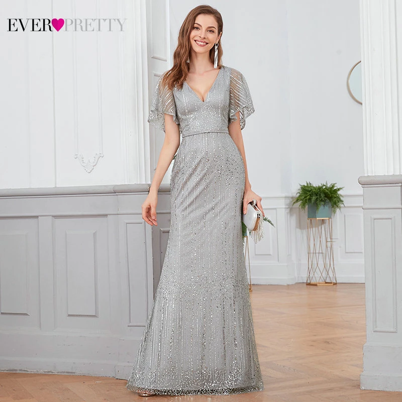 

Sparkle Mermaid Evening Dresses Long Ever Pretty Sequined V-Neck Short Sleeve Elegant Formal Party Gowns Vestidos Largos Fiesta